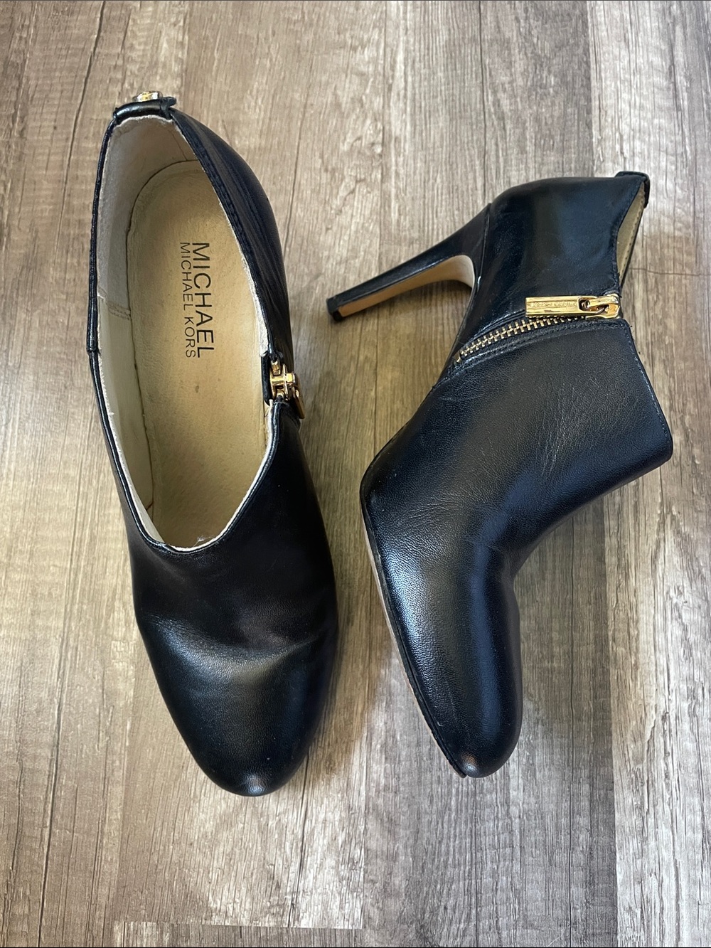 Michael Kors Black Leather Gold-Zip Ankle Booties